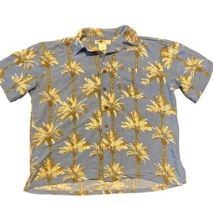 Joe Marlin Palm Tree Print Button Up Shirt Short Sleeve‎ Blue Aloha Tropical L
